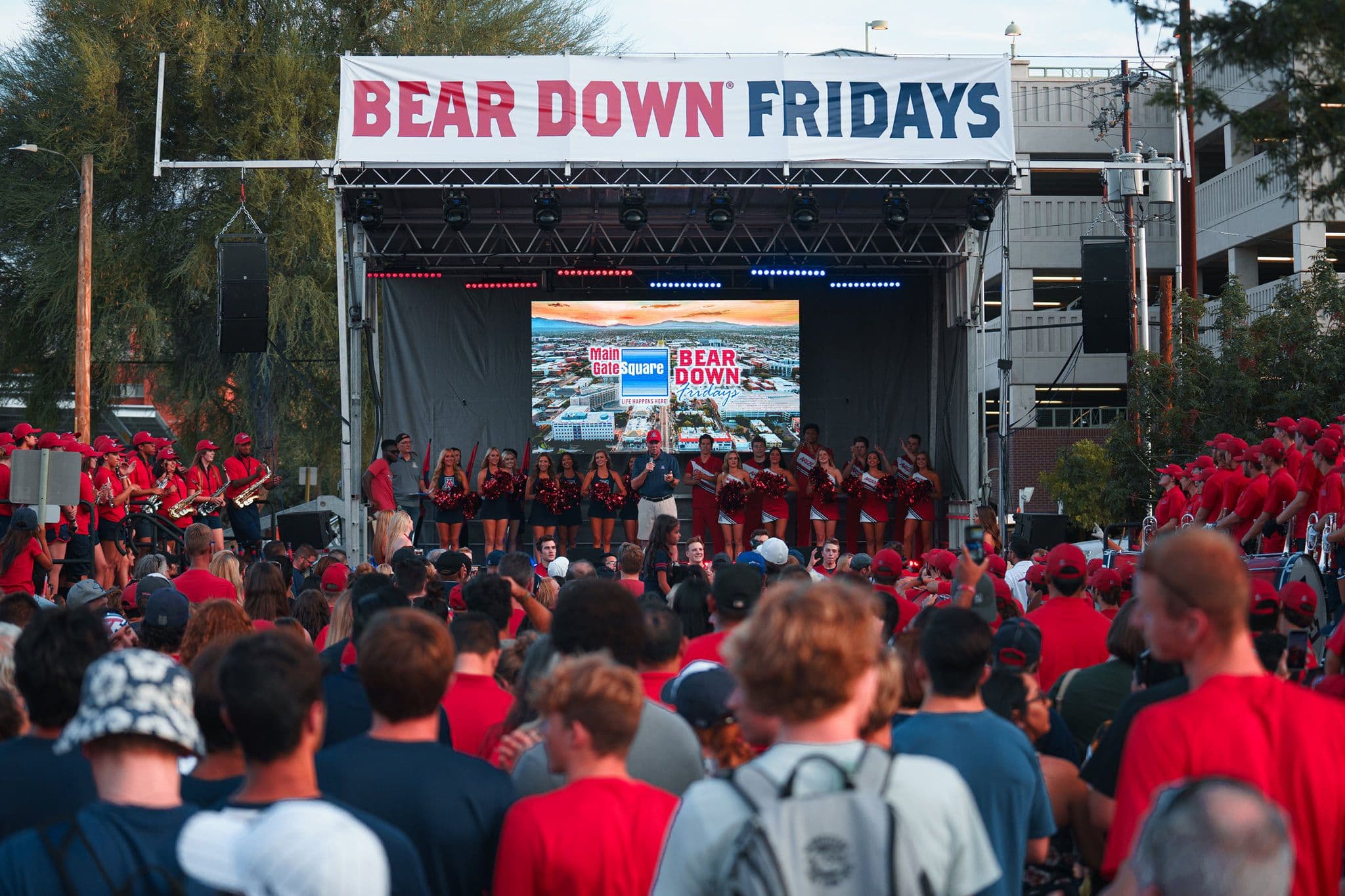 The Bear Down Fridays pep rally stage from a past event.