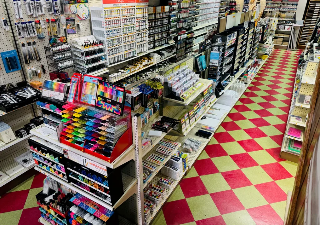 An aisle of artistic supplies inside Posner's Art Store.